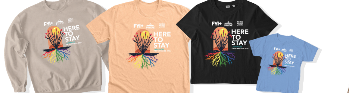 The Here to Stay collection: crewneck, adult tees in multiple colors, and a youth tee